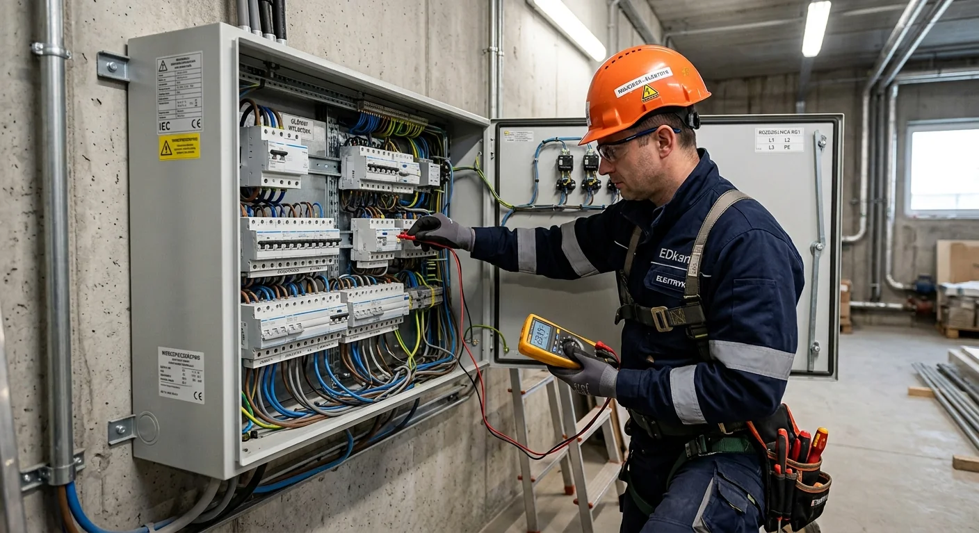 Technik przy rozdzielnicy elektrycznej